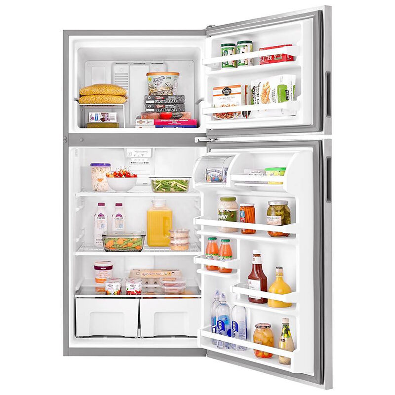 Amana Art308FFDB top freezer refrigerator wide open with food inside