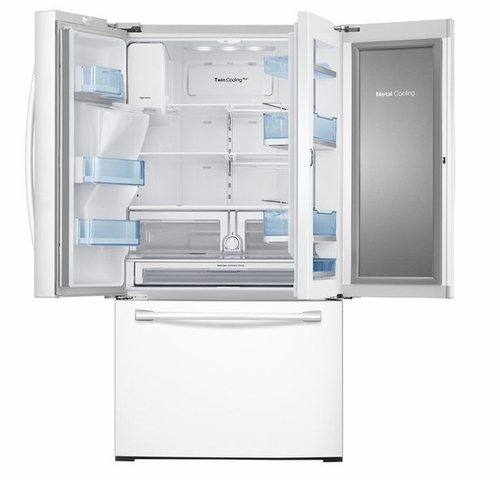 Samsung RF28DEDPWW French Door Refrigerator with Food Showcase feature and Metal Cooling.