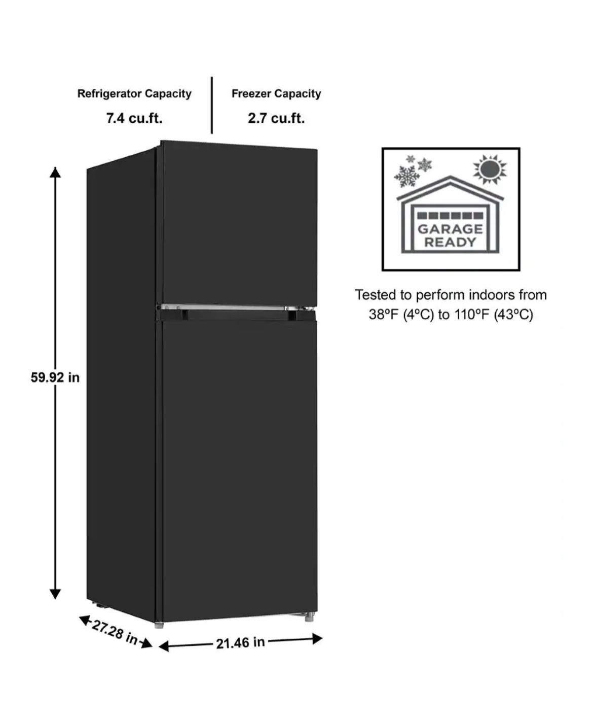 Vissani Top Freezer Refrigerator MDTF10BK with dimensions